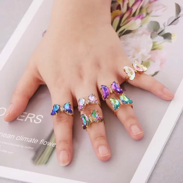 adjustable women girls korean crystal butterfly open ring fashion jewelry finger rings