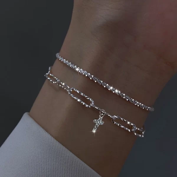 sparkling bracelet for women double deck silver color adjustable hand chain fine fashion jewelry wedding party gift accessories
