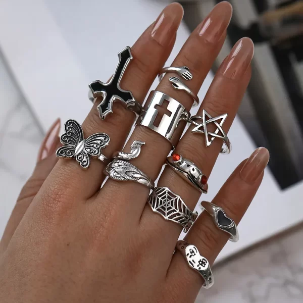 lats vintage silver plated cross ring for women gothic punk steampunk crying face butterfly frog ring sets party fashion jewelry