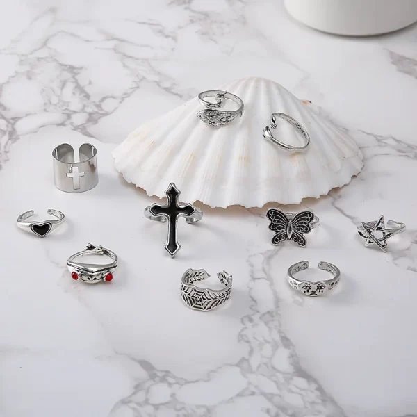lats vintage silver plated cross ring for women gothic punk steampunk crying face butterfly frog ring sets party fashion jewelry