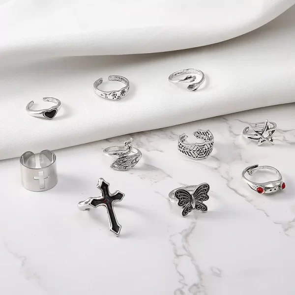 lats vintage silver plated cross ring for women gothic punk steampunk crying face butterfly frog ring sets party fashion jewelry
