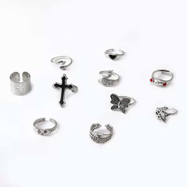 lats vintage silver plated cross ring for women gothic punk steampunk crying face butterfly frog ring sets party fashion jewelry