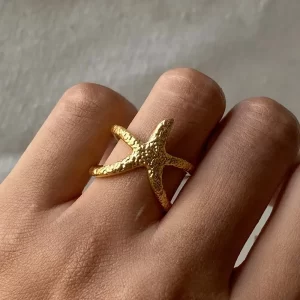 stainless steel starfish open rings for women men fashion gold color irregular textured starfish adjustable ring jewelry gift
