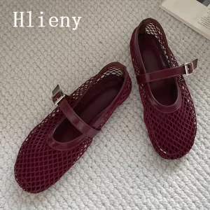hlieny big size 42 43 wine red flats women fashion round toe buckle strap loafers breathable mesh ladies casual mary jane shoes