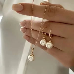 lats 3 pcs/set round pearl pendant necklace for women exquisite fashion rhinestone double earring wedding jewelry set gift