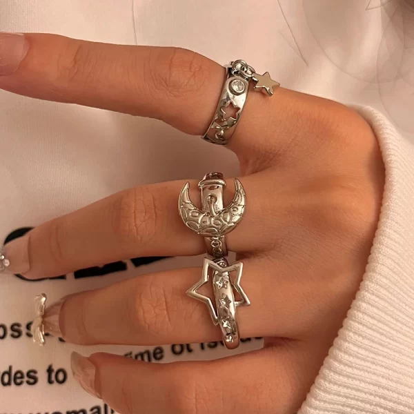 y2k style crystal pentagonal star ring for women romantic moon hollowed out star personality metal finger rings fashion jewelry