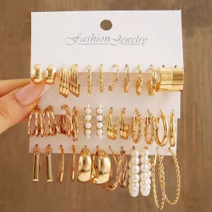 boho big circle hoop earring set for women, gold color bohemia vintage pearl earring, heart zircon ear studs jewelry gifts
