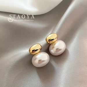 2025 new french elegant gold color bean spliced flat pearl earrings for korean fashion jewelry party women's sweet accessories