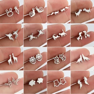 multiple stainless steel animal stud earrings women minimalist rabbit dog cat dinosaur earings piercing jewelry snail oorbellen