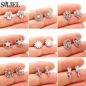small stainless steel earings fashion jewelry bohemian rose flower stud earrings plant maple leaves ear studs pendientes gift