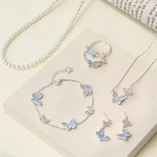 fashion silver color crystal butterfly jewelry set adjustable bracelet earrings necklace ring for women handmade new year gift