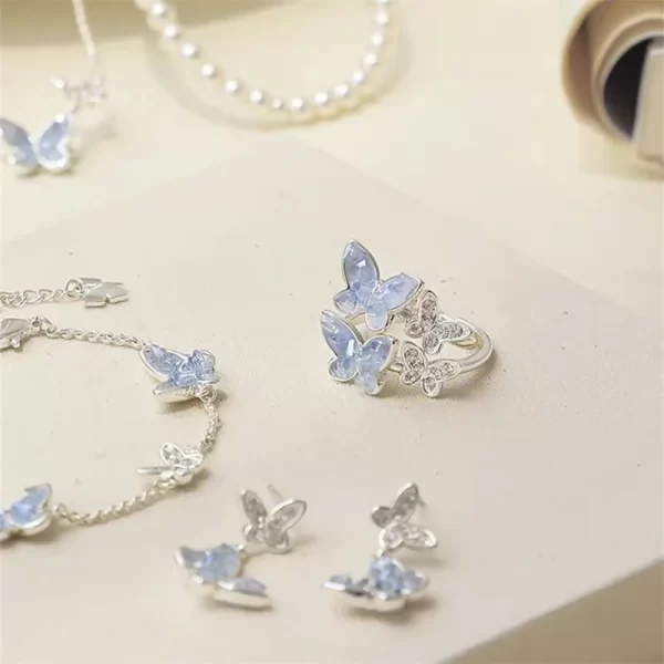 fashion silver color crystal butterfly jewelry set adjustable bracelet earrings necklace ring for women handmade new year gift