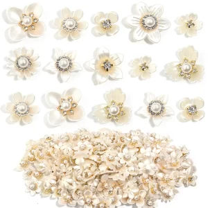 20pcs/lot imitation pearl flower charms with rhinestone resin flower leaves beads for jewelry making bracelet necklace earrings