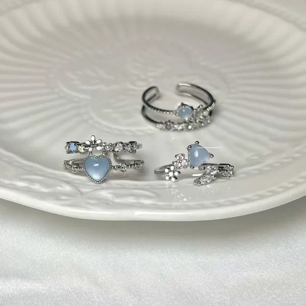 fashion blue opal heart rings for women kpop punk gothic open flower rhinestone finger rings wedding party trendy girls jewelry