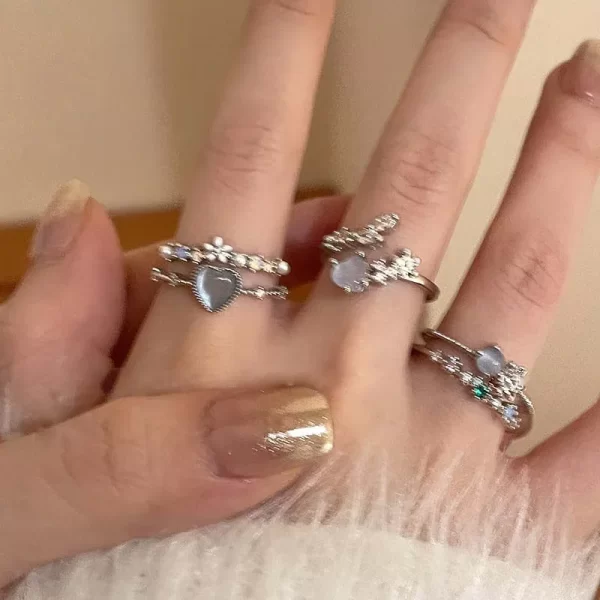 fashion blue opal heart rings for women kpop punk gothic open flower rhinestone finger rings wedding party trendy girls jewelry