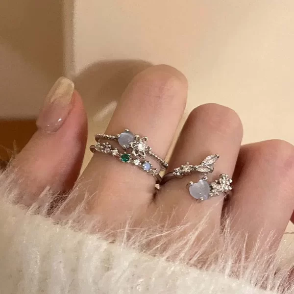 fashion blue opal heart rings for women kpop punk gothic open flower rhinestone finger rings wedding party trendy girls jewelry