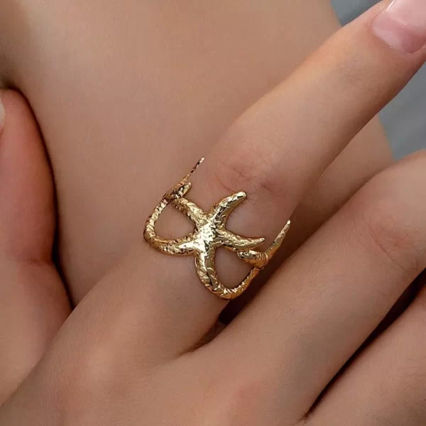 stainless steel starfish open rings for women men fashion gold color irregular textured starfish adjustable ring jewelry gift