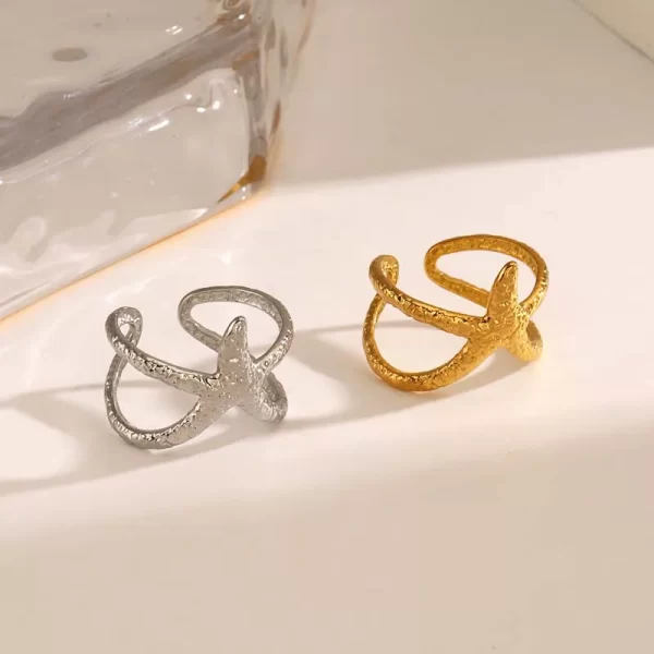 stainless steel starfish open rings for women men fashion gold color irregular textured starfish adjustable ring jewelry gift
