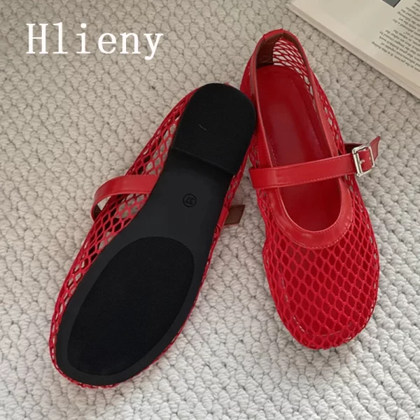 hlieny big size 42 43 wine red flats women fashion round toe buckle strap loafers breathable mesh ladies casual mary jane shoes