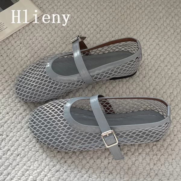 hlieny big size 42 43 wine red flats women fashion round toe buckle strap loafers breathable mesh ladies casual mary jane shoes