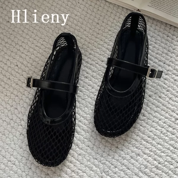 hlieny big size 42 43 wine red flats women fashion round toe buckle strap loafers breathable mesh ladies casual mary jane shoes