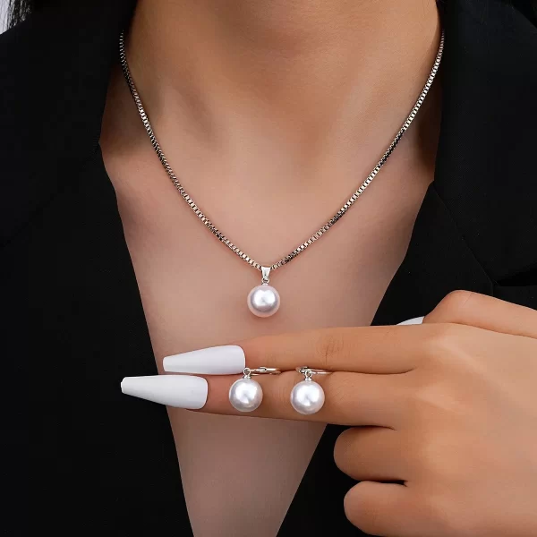 lats 3 pcs/set round pearl pendant necklace for women exquisite fashion rhinestone double earring wedding jewelry set gift