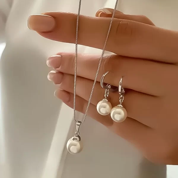 lats 3 pcs/set round pearl pendant necklace for women exquisite fashion rhinestone double earring wedding jewelry set gift
