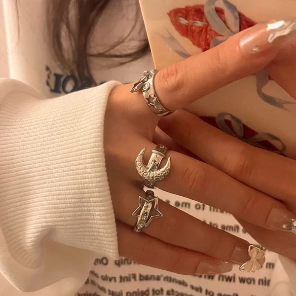 y2k style crystal pentagonal star ring for women romantic moon hollowed out star personality metal finger rings fashion jewelry