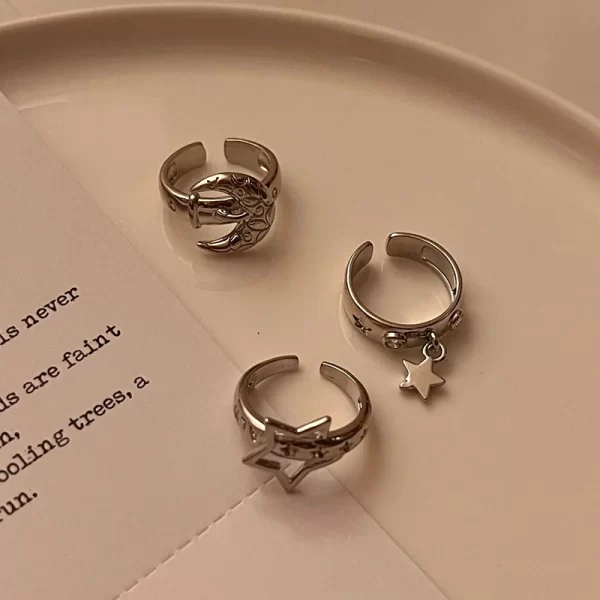 y2k style crystal pentagonal star ring for women romantic moon hollowed out star personality metal finger rings fashion jewelry
