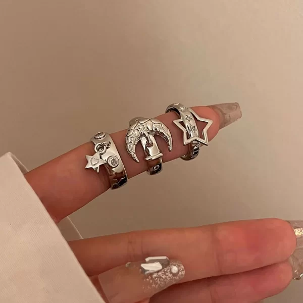 y2k style crystal pentagonal star ring for women romantic moon hollowed out star personality metal finger rings fashion jewelry