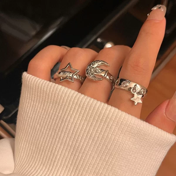 y2k style crystal pentagonal star ring for women romantic moon hollowed out star personality metal finger rings fashion jewelry