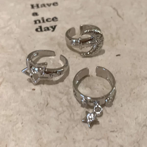 y2k style crystal pentagonal star ring for women romantic moon hollowed out star personality metal finger rings fashion jewelry