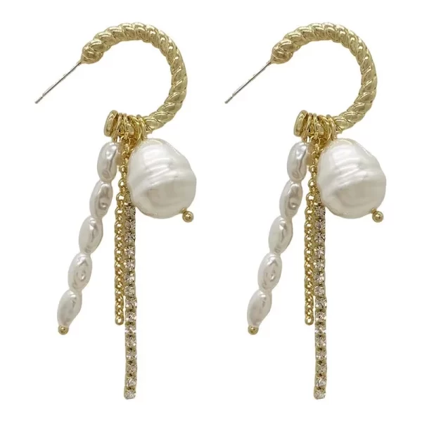 2024 new arrival metal round pearl tassel earrings for women vintage shiny crystal c shaped temperament earrings jewelry gift