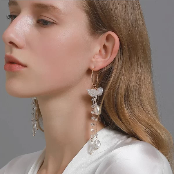 lifefontier fashion long tassel simulated pearl drop earrings big crystal bead flower petal earrings for women wedding jewelry