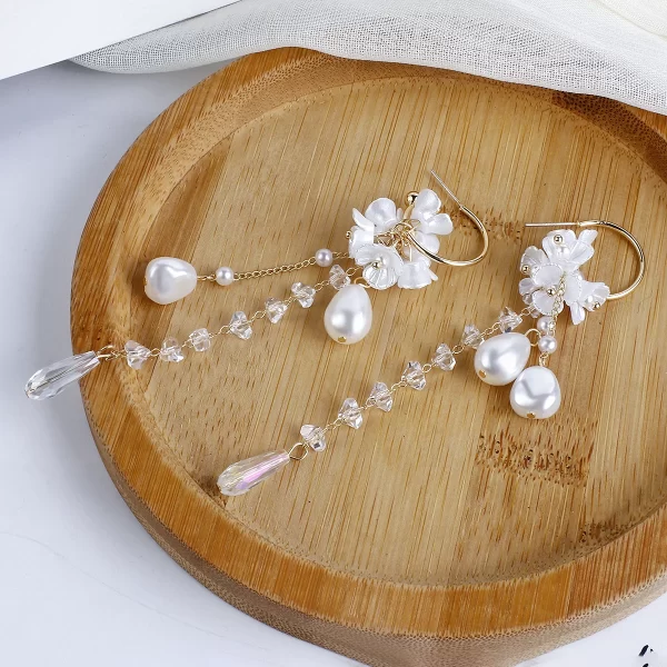 lifefontier fashion long tassel simulated pearl drop earrings big crystal bead flower petal earrings for women wedding jewelry