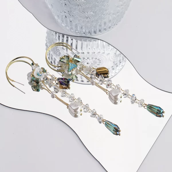 lifefontier fashion long tassel simulated pearl drop earrings big crystal bead flower petal earrings for women wedding jewelry