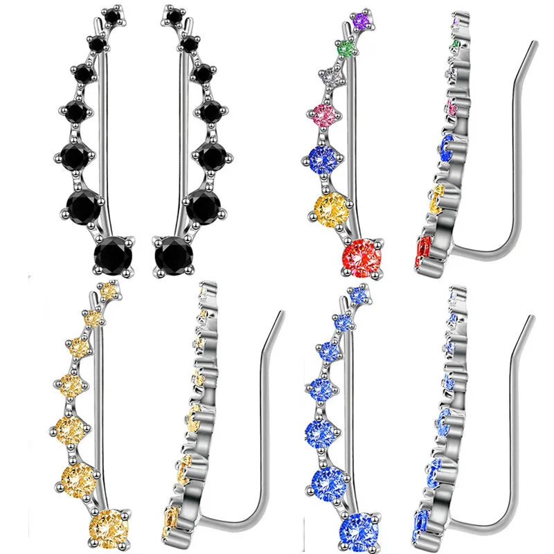 2 Gold Color Black White Gem 6 Rhinestone Ear Clip Earrings Women Simple Fashion Personality Student Girl Party Business Jewelry-5