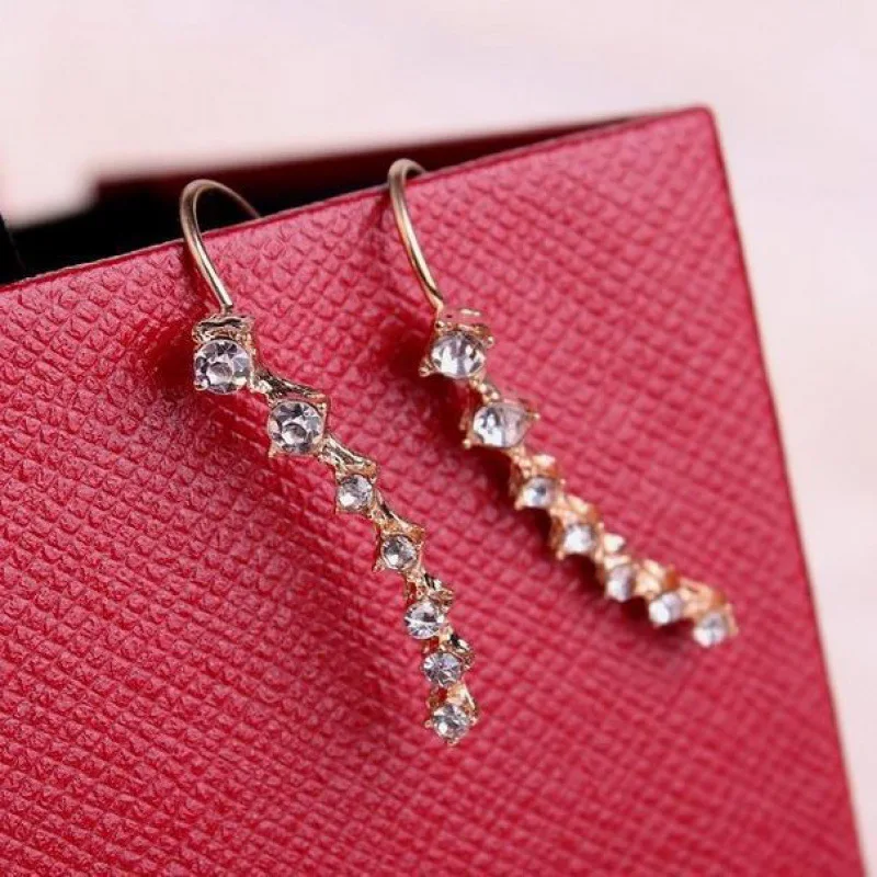 2 Gold Color Black White Gem 6 Rhinestone Ear Clip Earrings Women Simple Fashion Personality Student Girl Party Business Jewelry-10