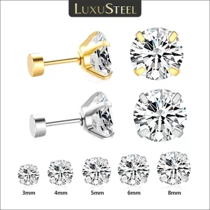 luxusteel 1pairs/2pcs stainless steel crystal studs earrings for women men 4 prong tragus round clear cubic zirconia ear jewelry