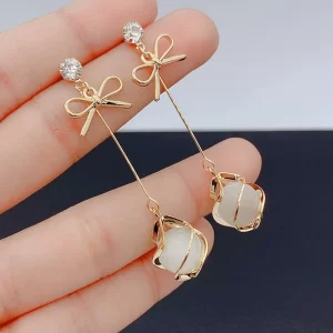 trendy metal frame dangle opal earrings for women golden rhinestones bow knot drop earrings wedding party long jewelry gift