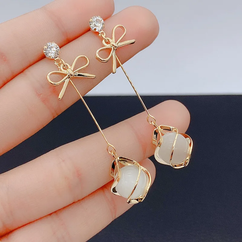 Trendy Metal Frame Dangle Opal Earrings for Women Golden Rhinestones Bow Knot Drop Earrings Wedding Party Long Jewelry Gift-4