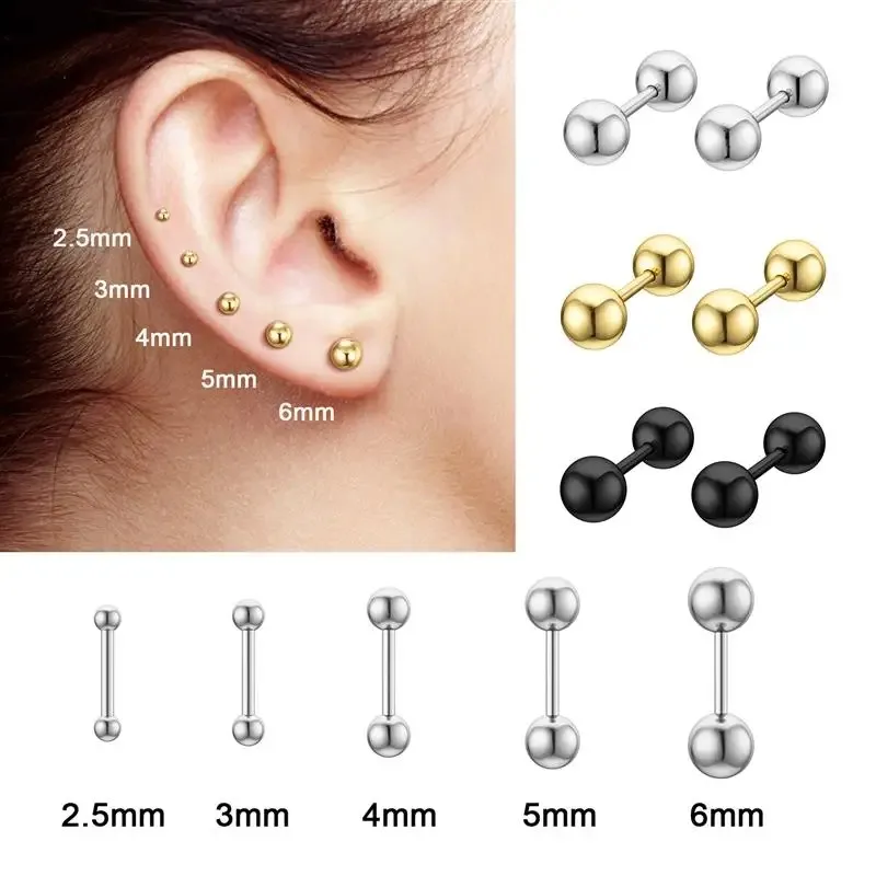 2pcs 16G Stainless Steel Stud Earrings, Small Ball Screwback Earrings Ear Bone Nail Lip Piercing Body Jewelry Accessory-4