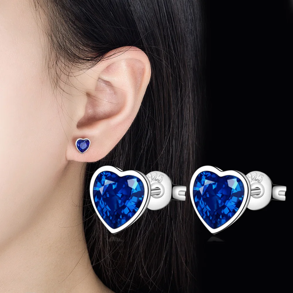 New in 925 Sterling Silver Heart Blue Crystal Stud Earrings For Women Wedding Fine Jewelry Accessories-1