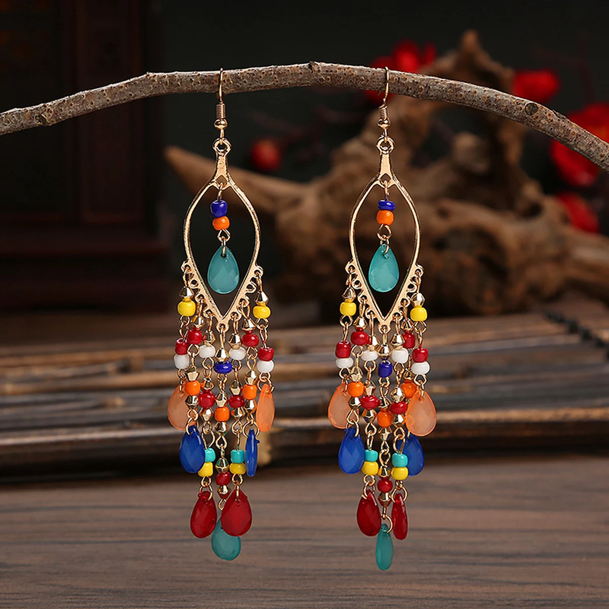 2 pcs Bohemian long tassel rice bead earrings for women's vacation personality accessories-1