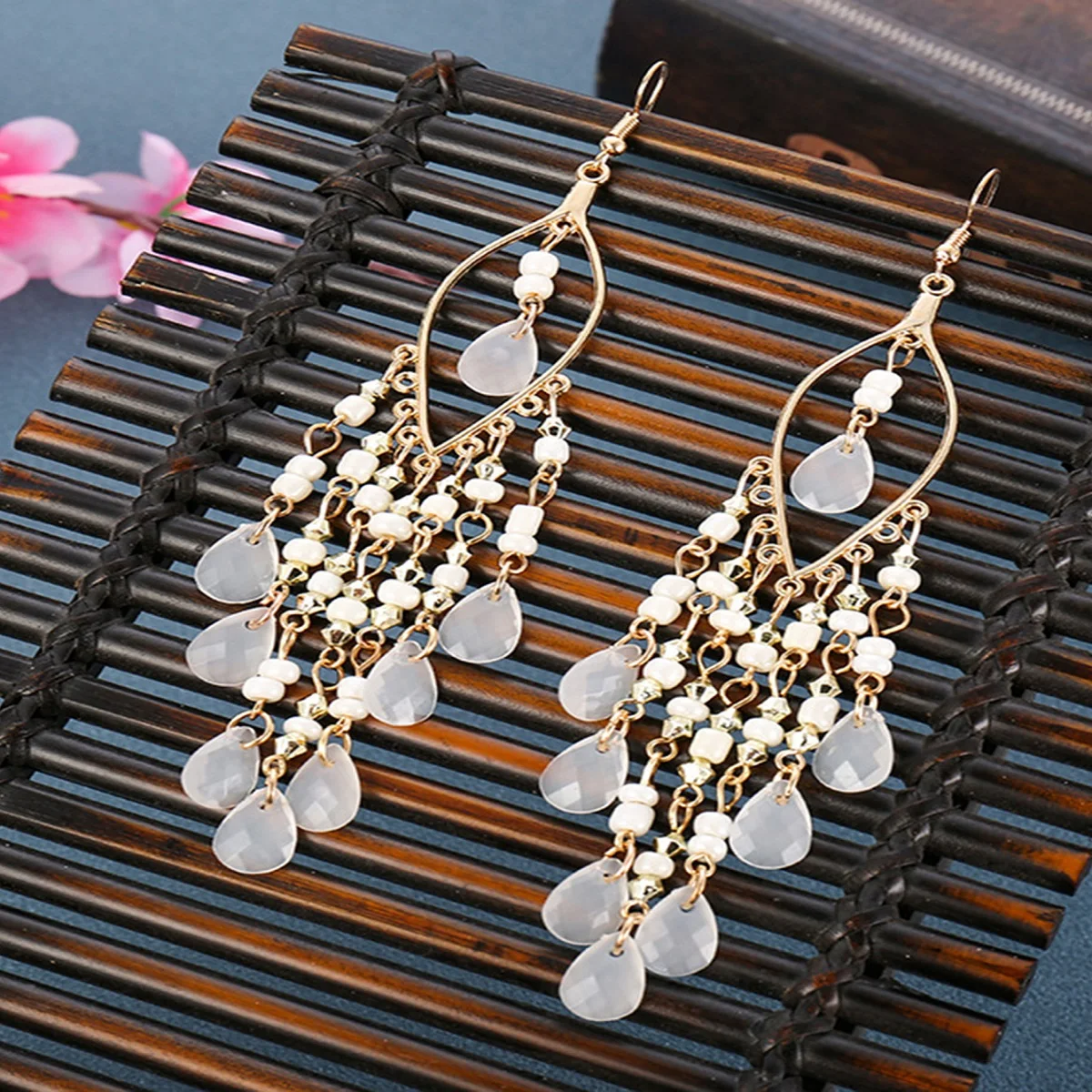 2 pcs Bohemian long tassel rice bead earrings for women's vacation personality accessories-3