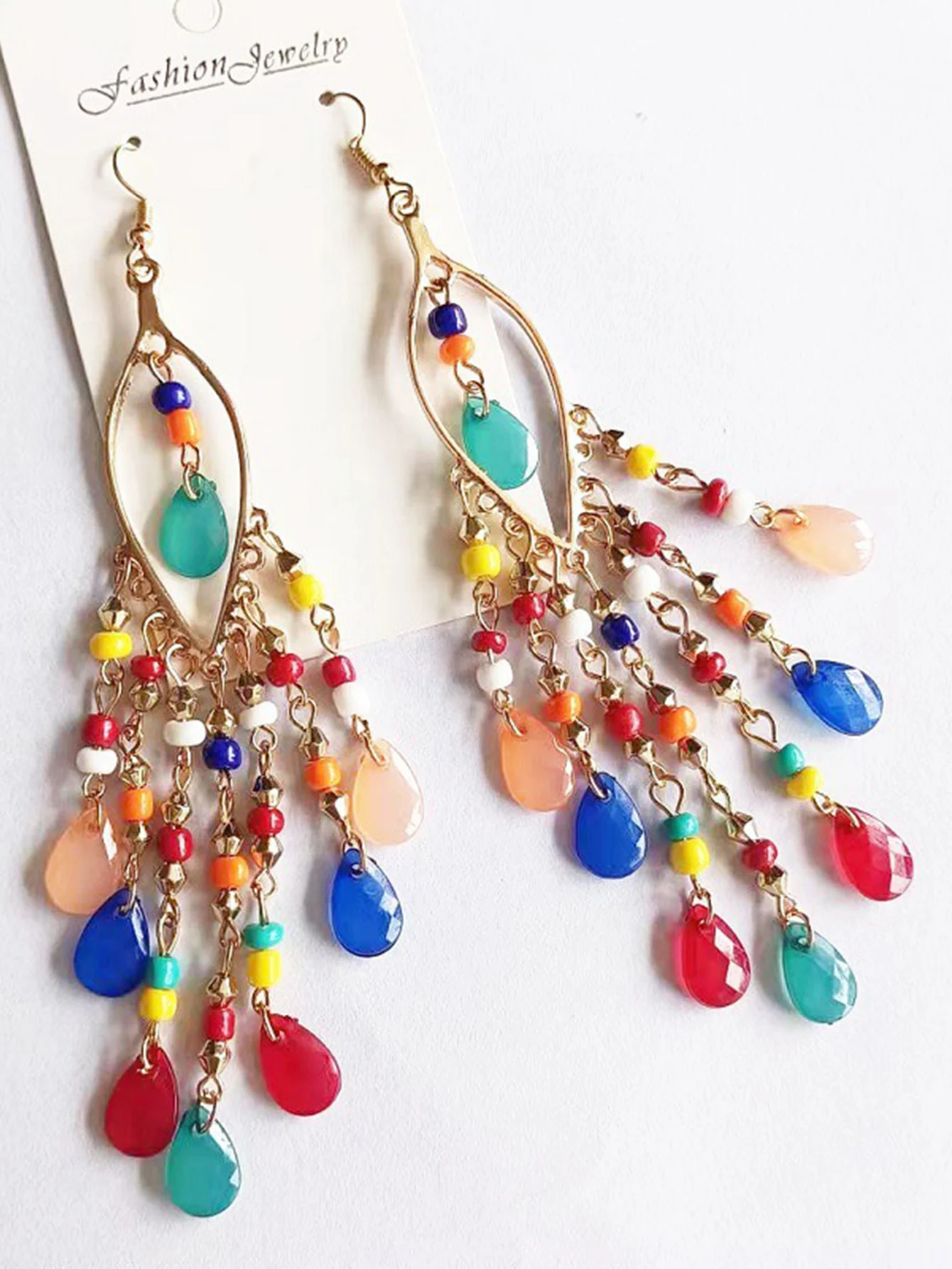2 pcs Bohemian long tassel rice bead earrings for women's vacation personality accessories-4