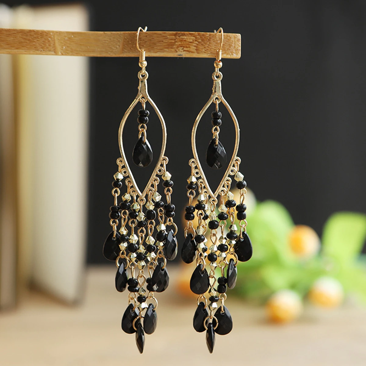 2 pcs Bohemian long tassel rice bead earrings for women's vacation personality accessories-6
