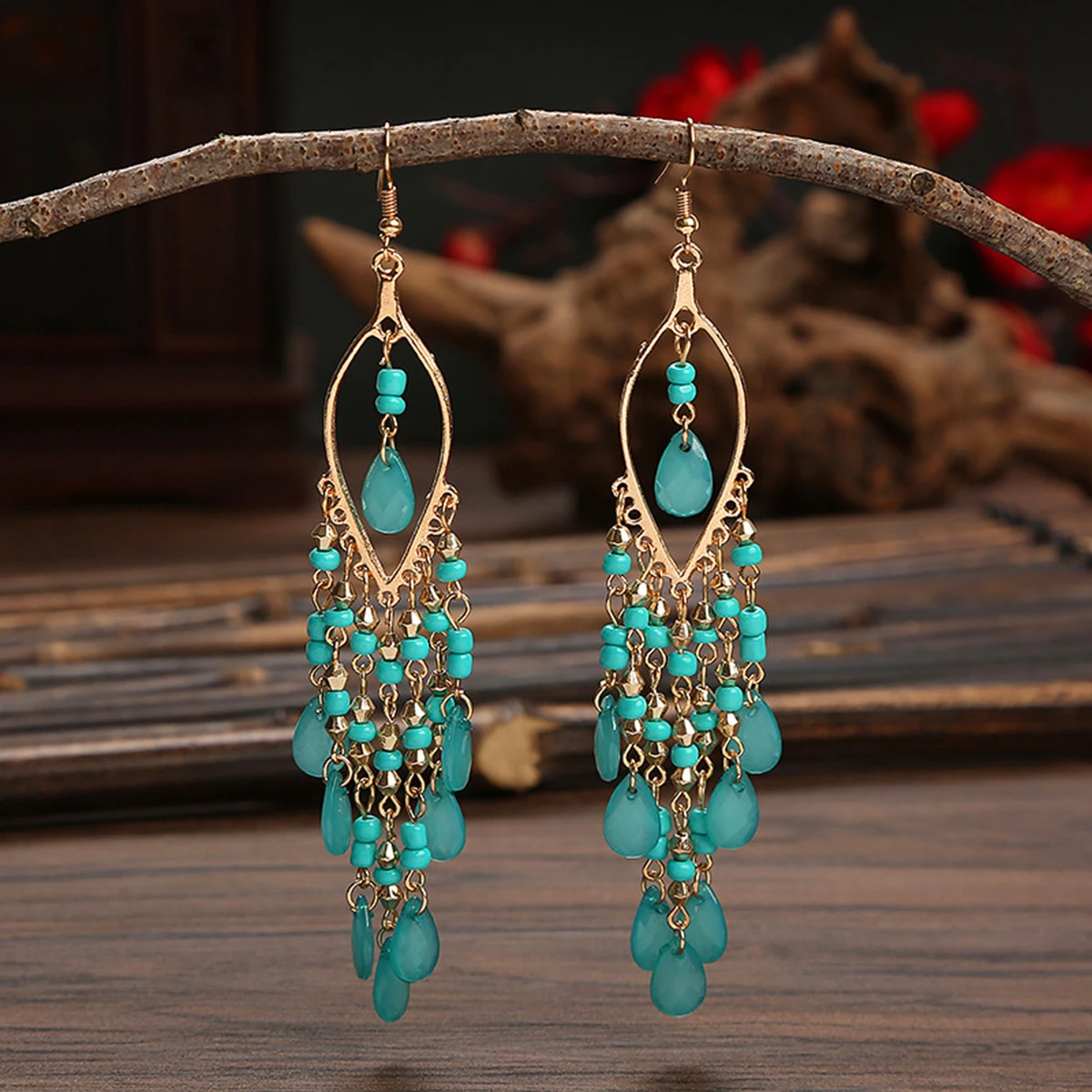 2 pcs Bohemian long tassel rice bead earrings for women's vacation personality accessories-7