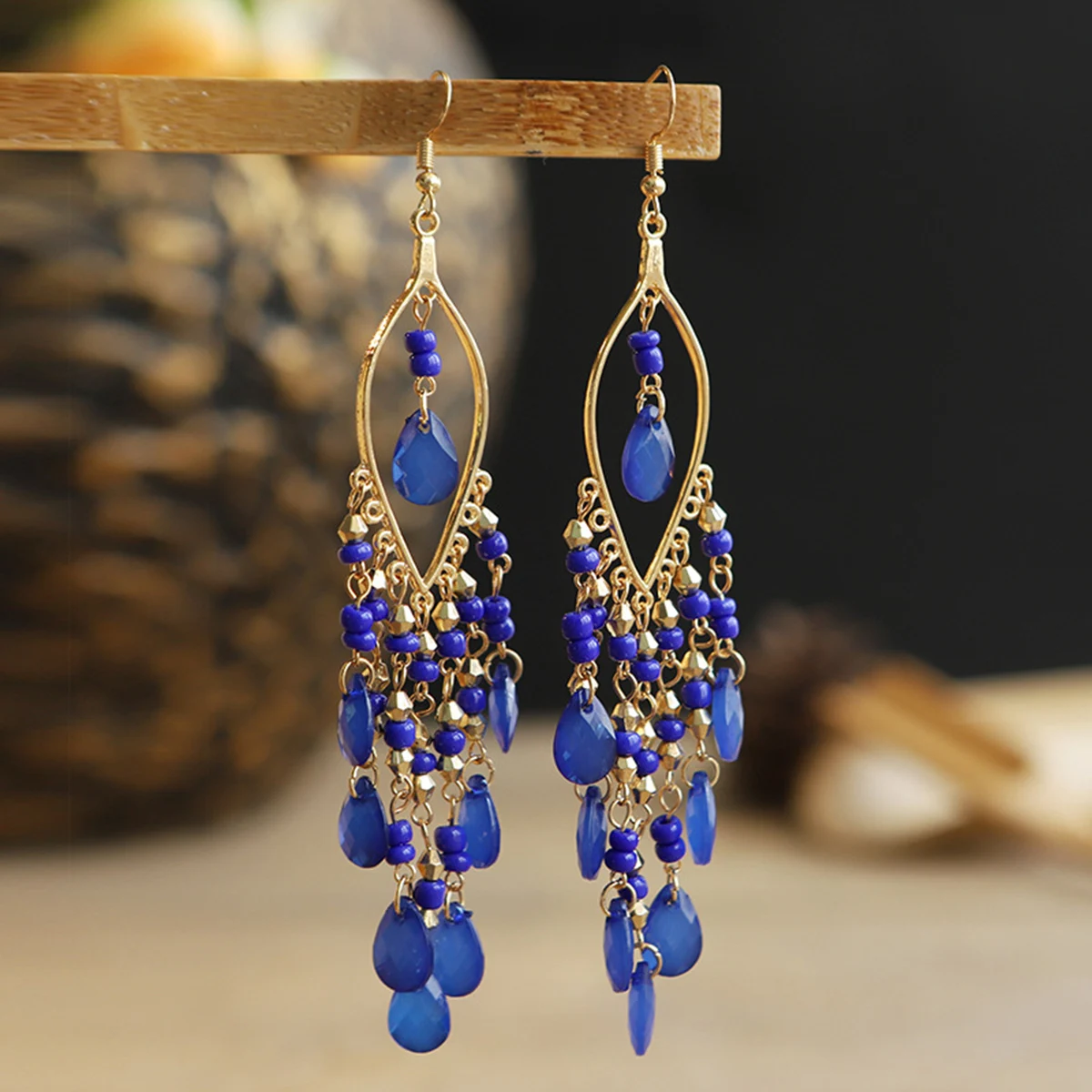 2 pcs Bohemian long tassel rice bead earrings for women's vacation personality accessories-8