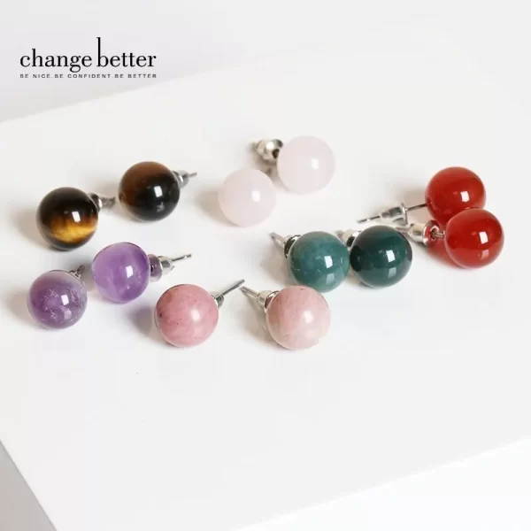 change better natural stone amethyst tiger eye agate round beads earring women fashion simple stainless steel crystal ear studs